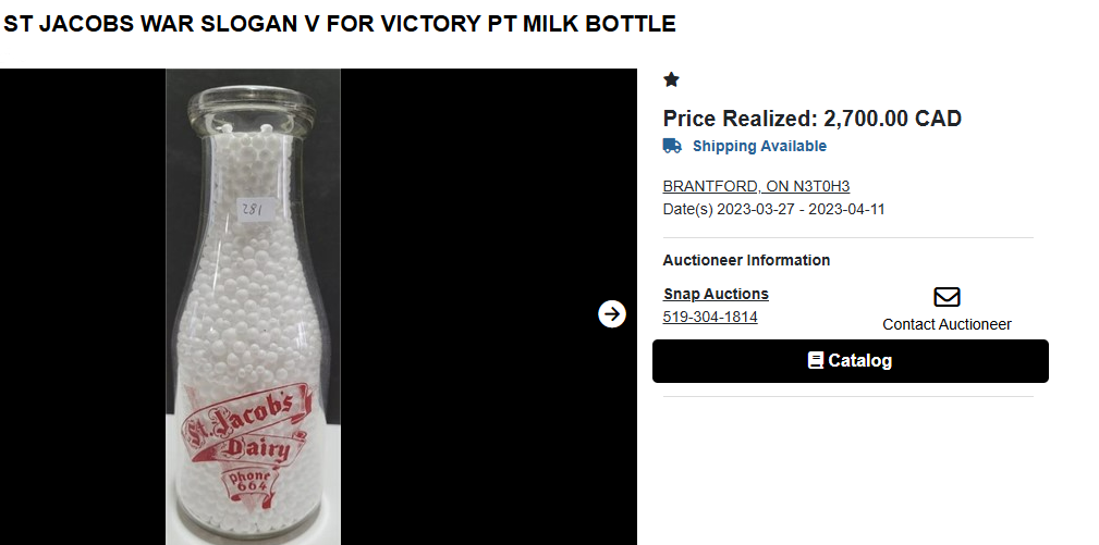 ST JACOBS WAR SLOGAN V FOR VICTORY PT MILK BOTTLE