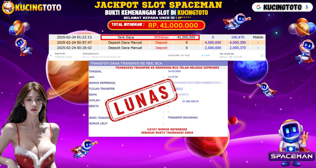KUCINGTOTO JACKPOT SLOT SPACEMAN RP.41.000.000.,- LUNAS