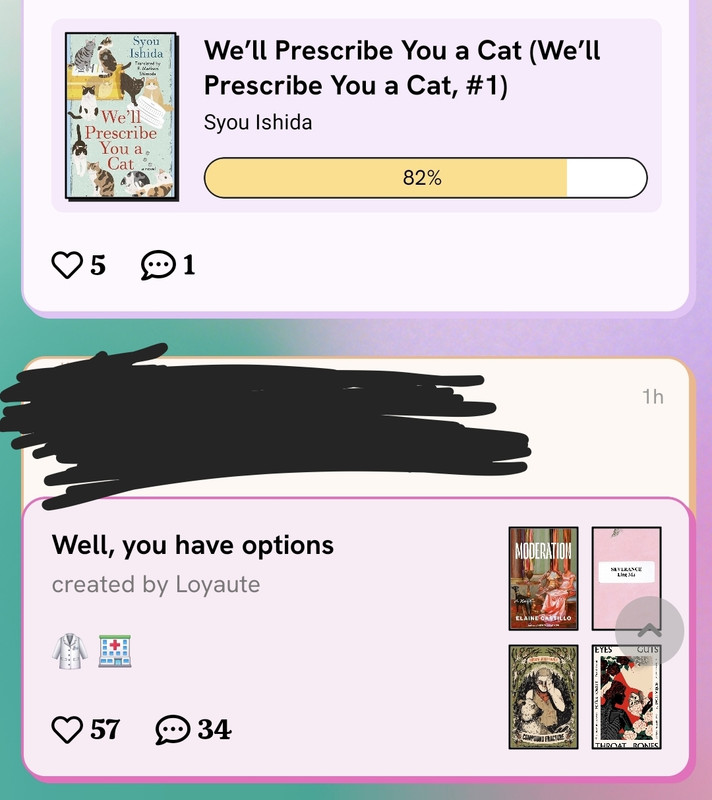 screenshot of main feed showing this list below an activity card featuring a book titled "we'll prescribe you a cat"