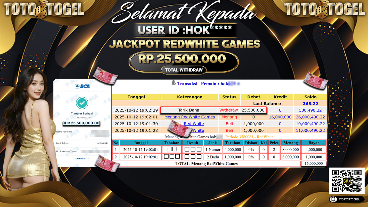 Bukti Pembayaran Jackpot Permainan Live Games Red White ID:HOK**** LUNAS