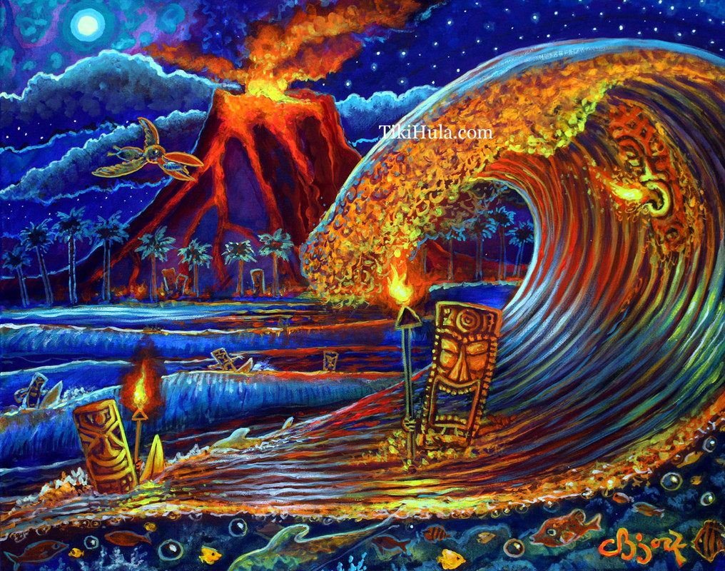 Tiki Surf Glowing Reef Hawaiian Island Lava Polynesian Art Painting CBjork PRINT