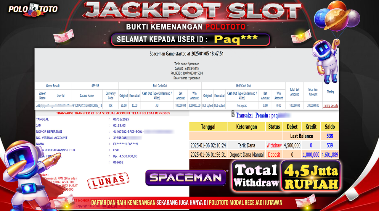 POLOTOTO JACKPOT SLOT SPACEMAN Rp.4,500.000,-