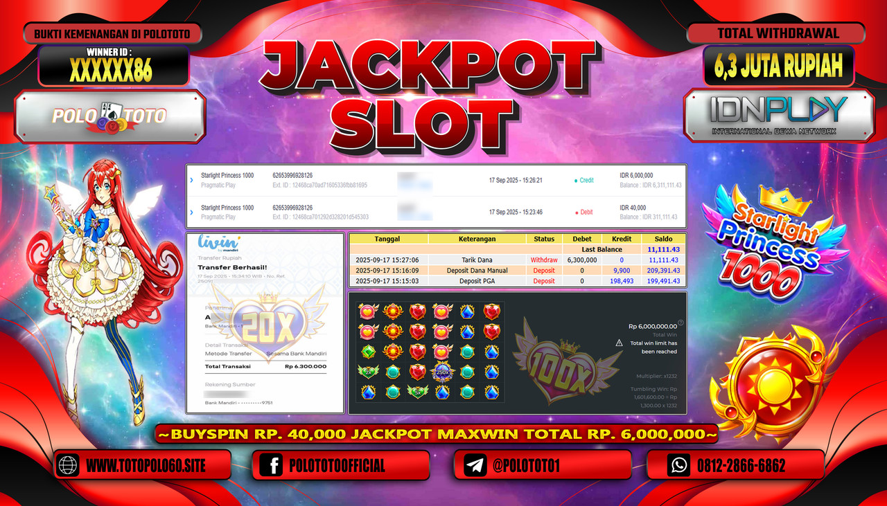 POLOTOTO JACKPOT SLOT STARLIGHT PRINCESS 1000 Rp.6.300.000,- LUNAS