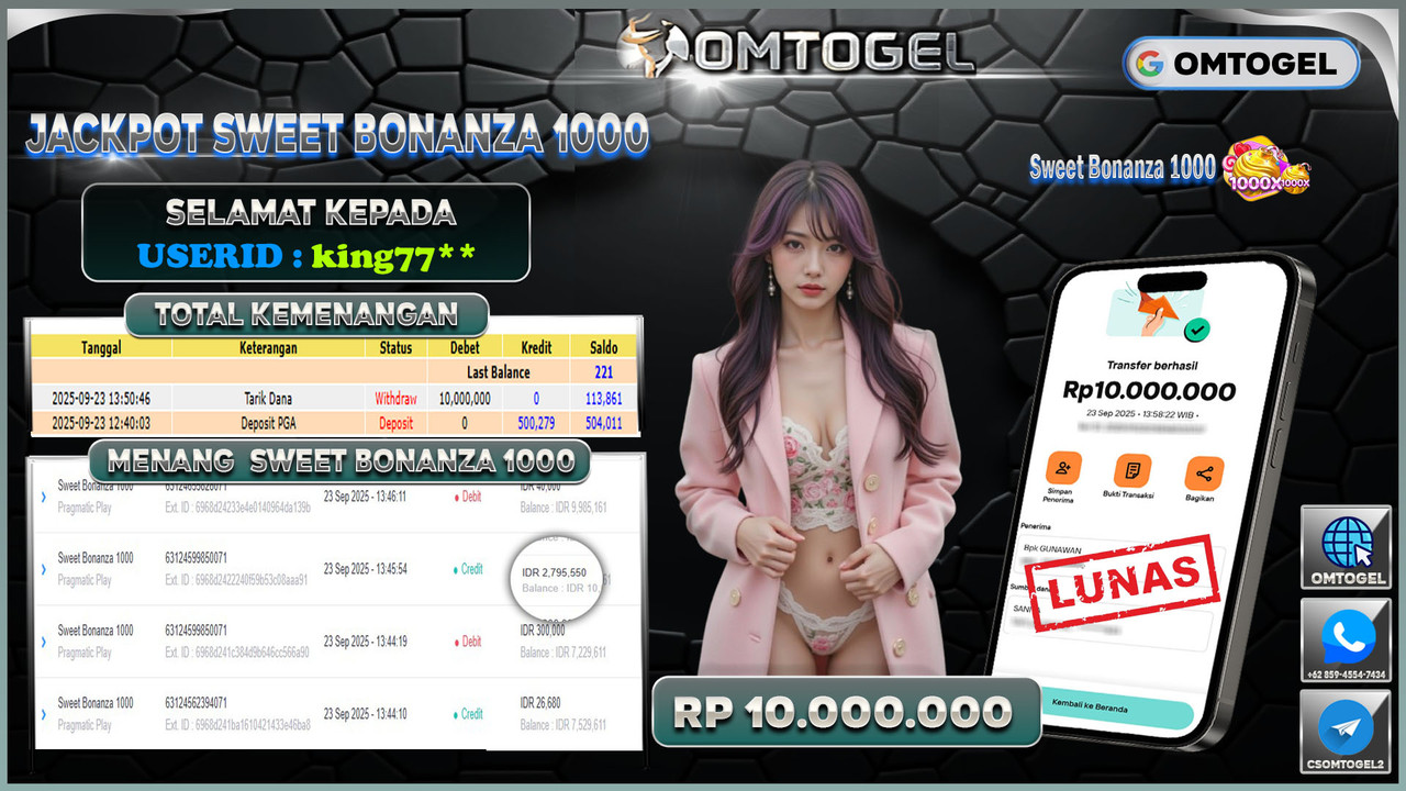 OMTOGEL JACKPOT PRAGMATIC PLAY SWEET BONANZA 1000 10 JUTA DI BAYAR LUNAS ,-