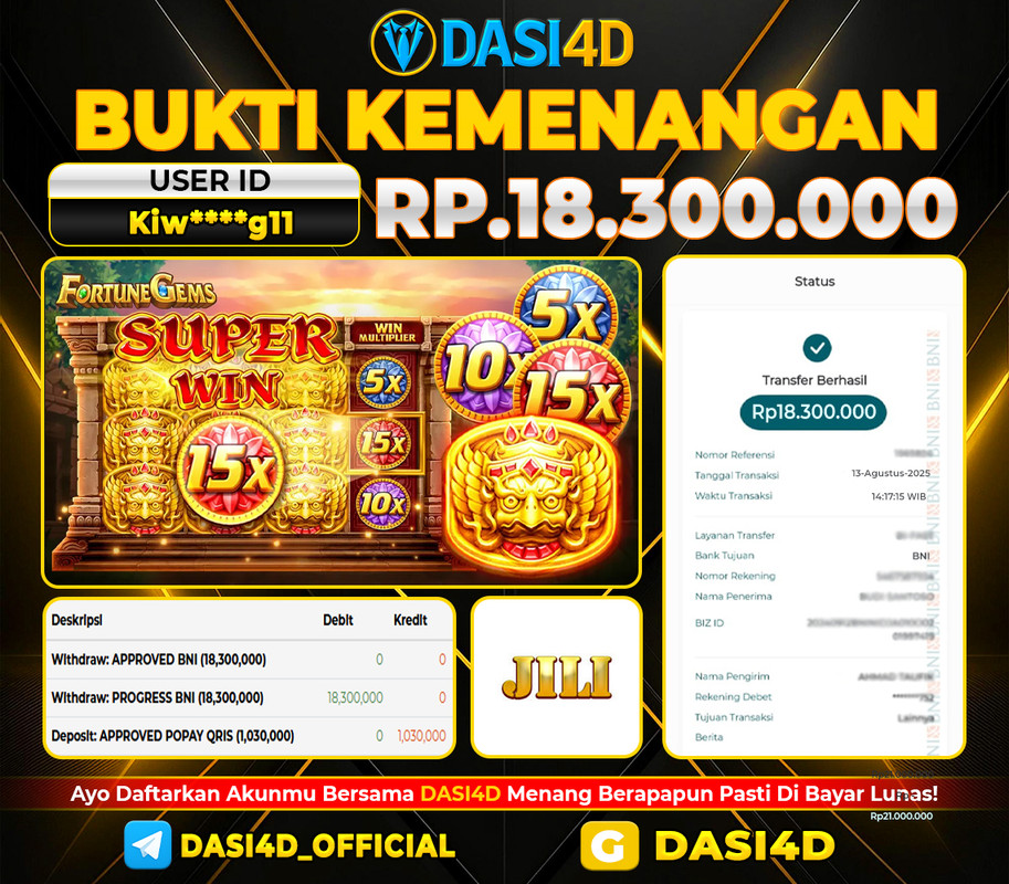 BUKTI KEMENANGAN 13 AGUSTUS 2025 DI FORTUNE GEMS WD 18.300.000