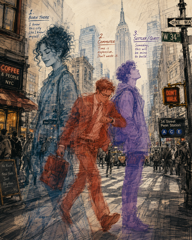 Illustrated New York scene showing different relationships to the city