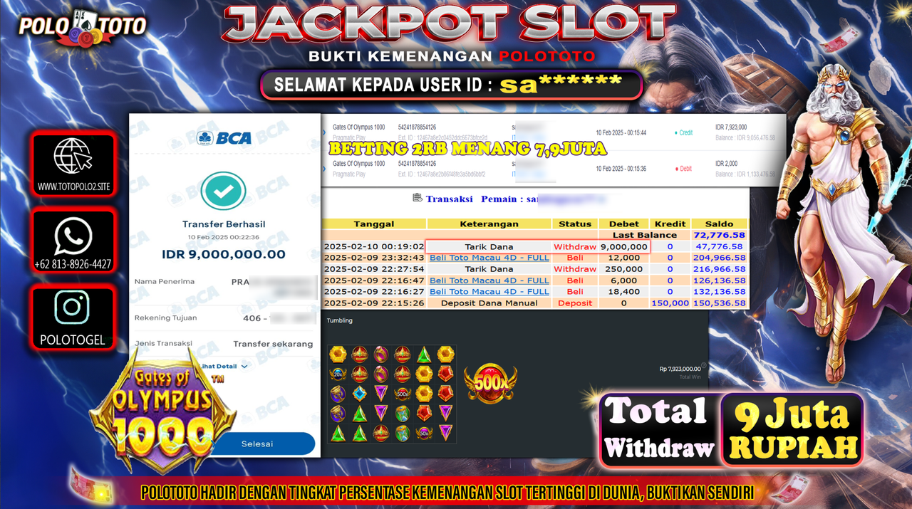 POLOTOTO JACKPOT SLOT GATES OF OLYMPUS 1000 Rp.9,000.000,-