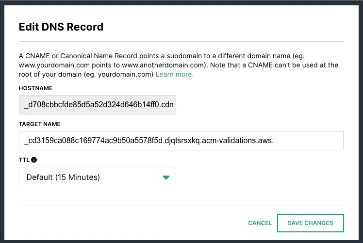 CNAME registry view on the Hover DNS panel