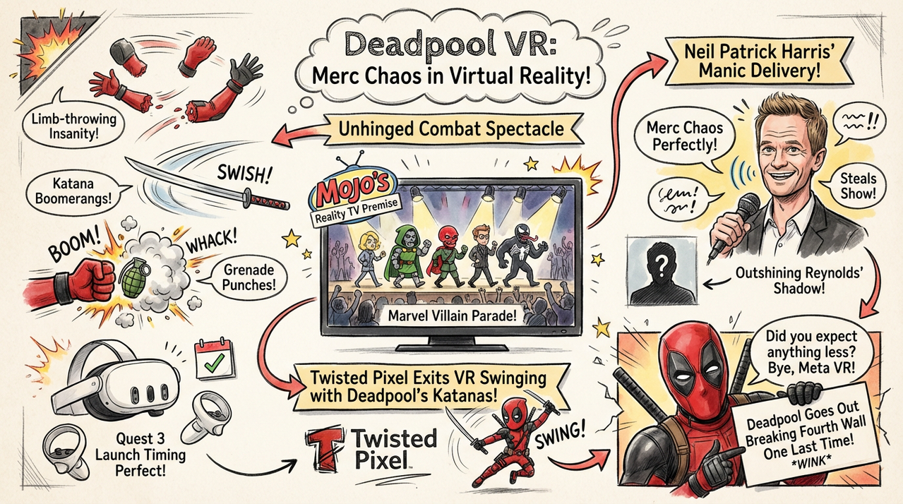 Deadpool dual-wielding katanas in chaotic VR combat arena