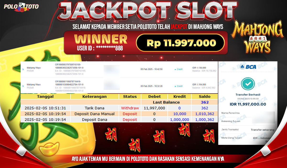 POLOTOTO JACKPOT SLOT MAHJONG WAYS Rp.11,997.000,-
