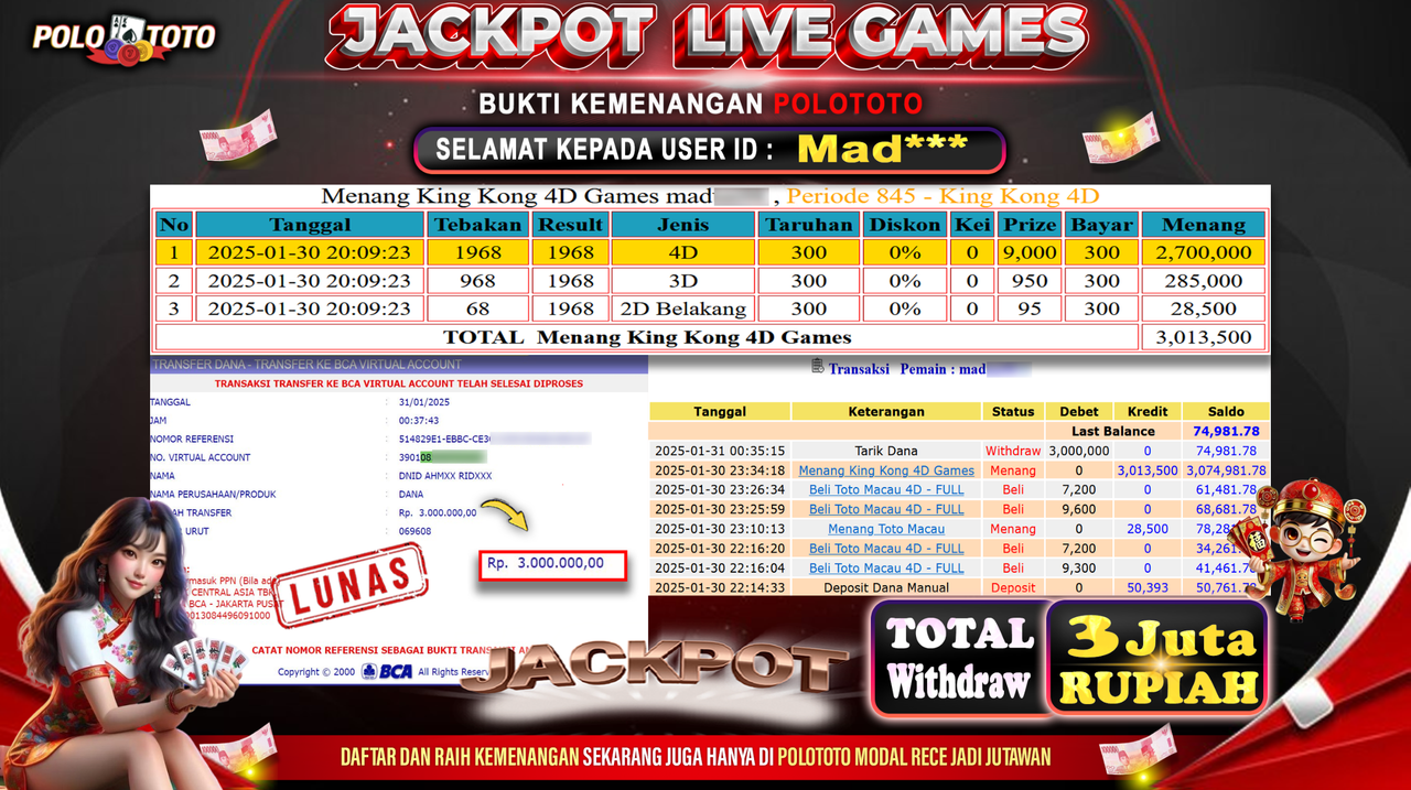 POLOTOTO JACKPOT LIVE GAMES KING KONG 4D Rp.3,000.000,-