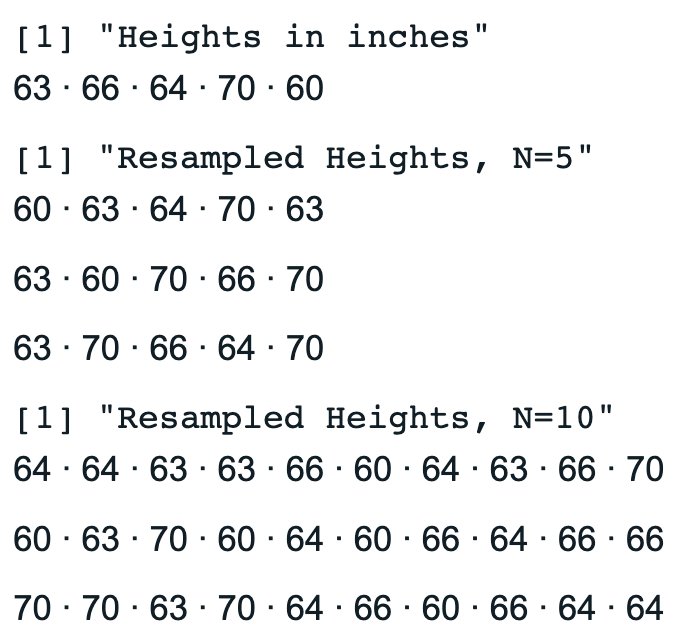 Output of randomly sampled heights of differing size Ns. When N is larger than the number or rows, it will just keep sampling as if there are more rows because it is replacing the values after sampling them.