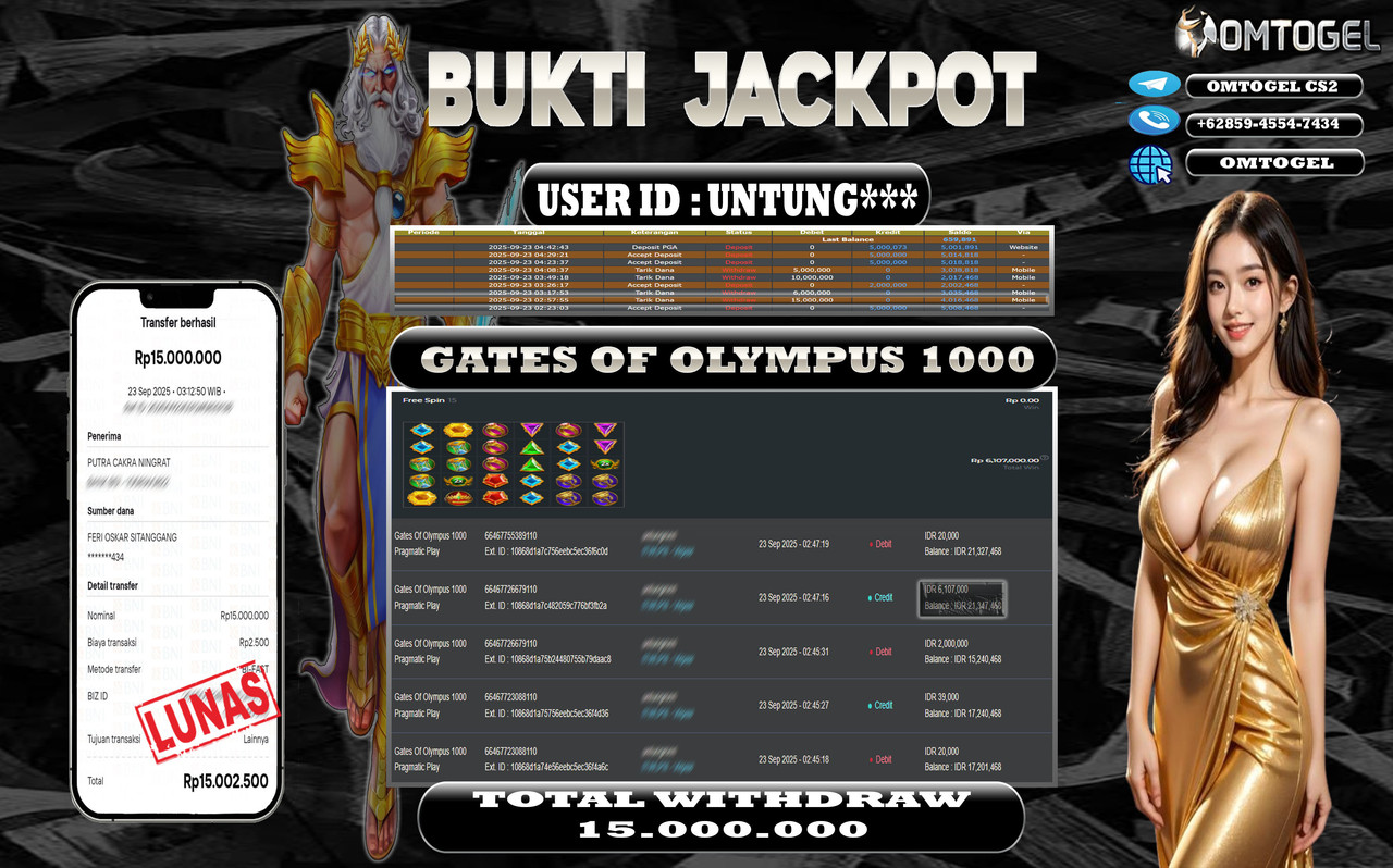 OMTOGEL JACKPOT PRAGMATIC PLAY GATES OF OLYMPUS 1000 15 JUTA DI BAYAR LUNAS ,-
