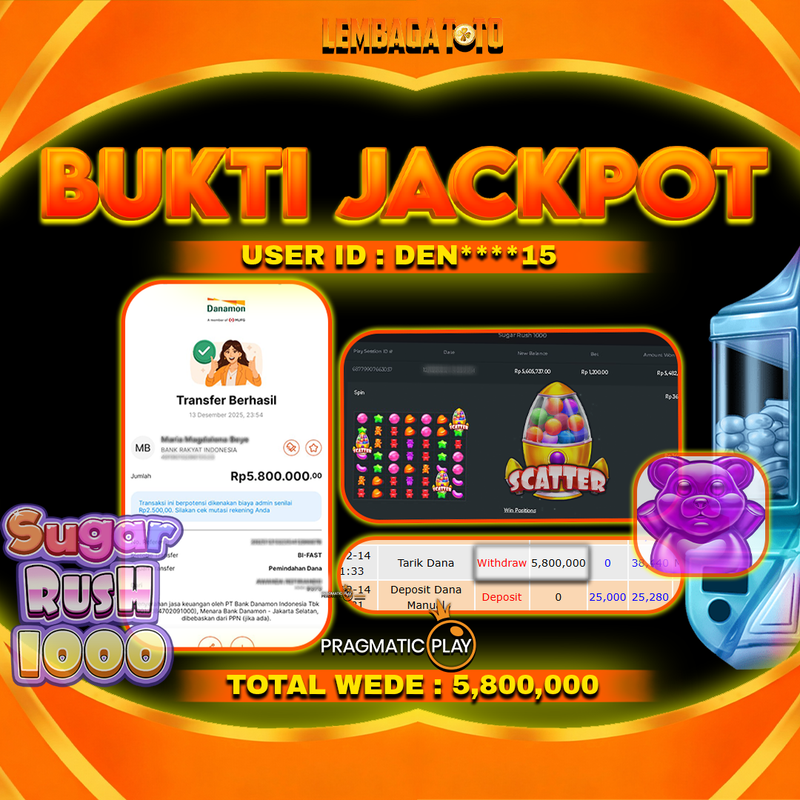 BUKTI JACKPOT 14 DECEMBER LEMBAGATOTO SUGAR RUSH 1000 Rp5,800,000,- LUNAS