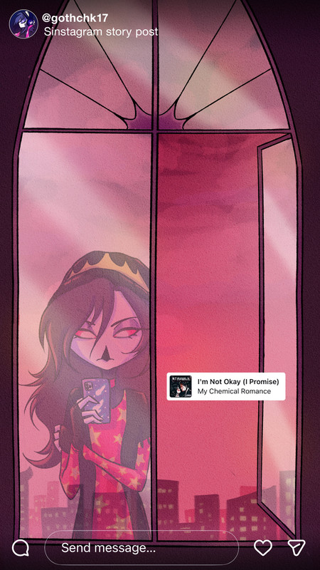 Sinstagram story posted by Octavia with an image of the view out an opulent window of a smoggy skyline in hell. Octavia's sullen reflection is visible on the window pane. Octavia posted the image along with a clip of the song I'm not okay (I promise) by My Chemical Romance