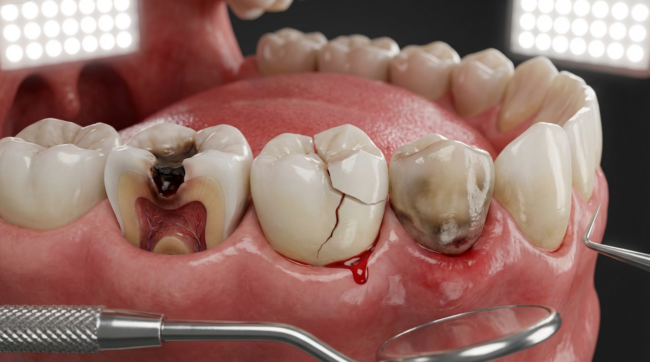 Иллюстрация основных причин пульпита: кариес, травма и химические факторы