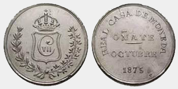 Medalla módulo 5 Pesetas 1875. Carlos VII. Oñate O-ate