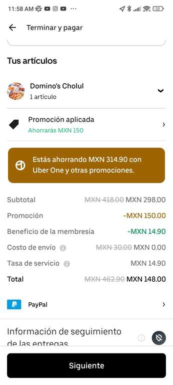 Uber Eats: (Uber One) Domino's - Dos Pizzas Grandes de un ingrediente