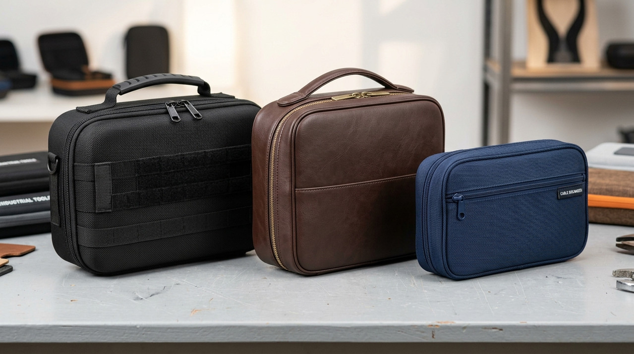 Comparative cover image showing three custom carrying cases made of 1680D ballistic nylon, PU leather, and Oxford fabric.