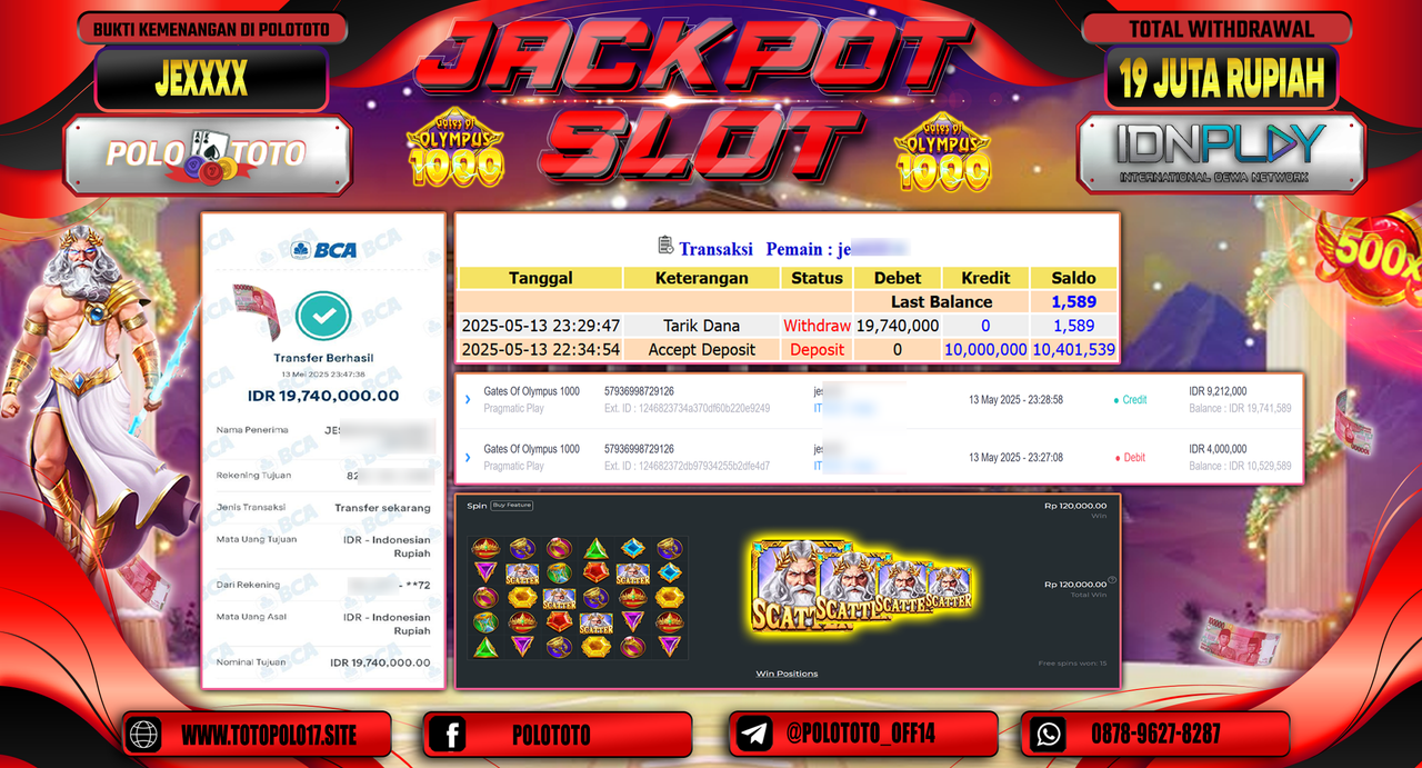 POLOTOTO JACKPOT SLOT GATES OF OLYMPUS 1000 Rp.19.740.000,-
