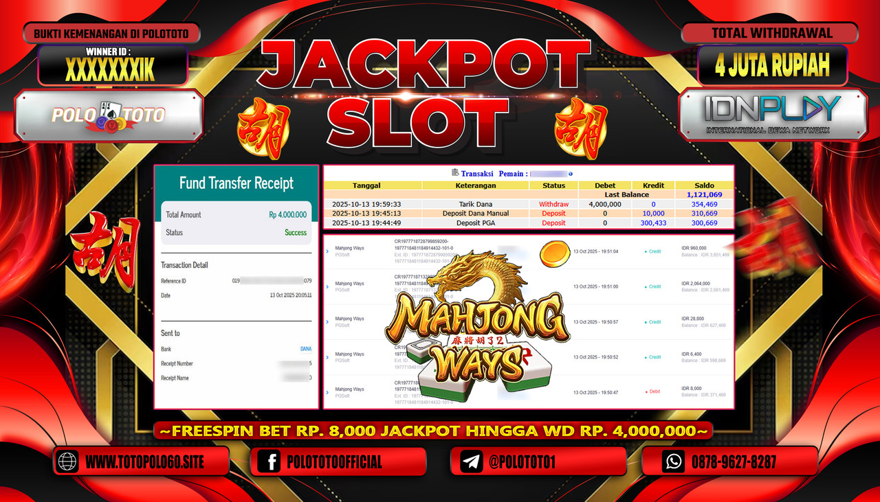 POLOTOTO JACKPOT SLOT MAHJONG WAYS Rp.4.000.000,- LUNAS