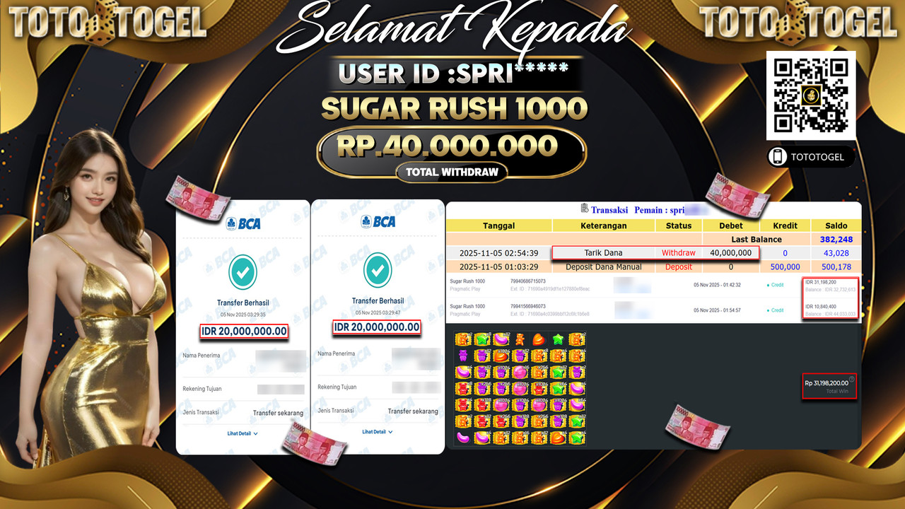 Bukti Pembayaran Jackpot Permainan Slot Sugar Rush 1000 ID:SPRI**** LUNAS