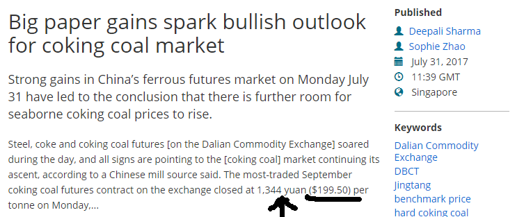 Monday 31 July 2017 Coking coal near 200usd a to