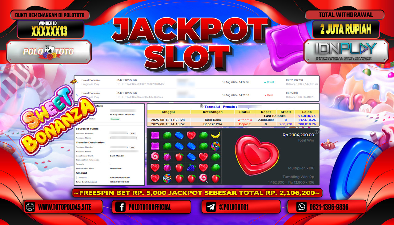 POLOTOTO JACKPOT SLOT SWEET BONANZA 1000 Rp.2.000.000,-LUNAS