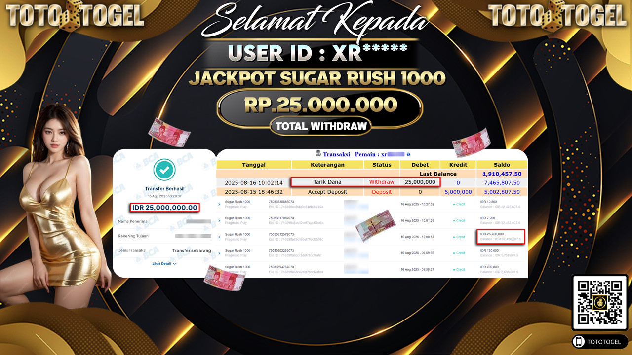 Bukti Pembayaran Jackpot Permainan Slot Sugar Rush 1000 ID:XR***** LUNAS
