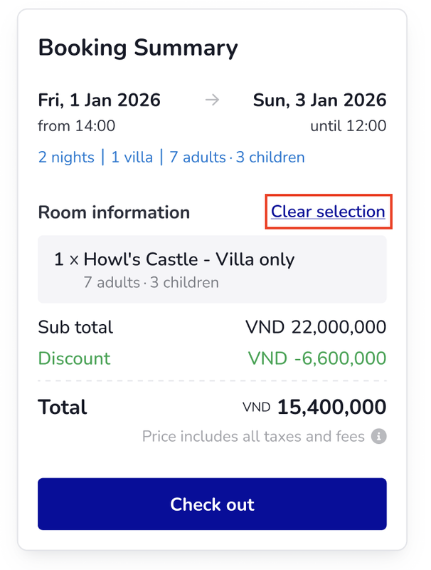 Clear Selection button in Booking Summary