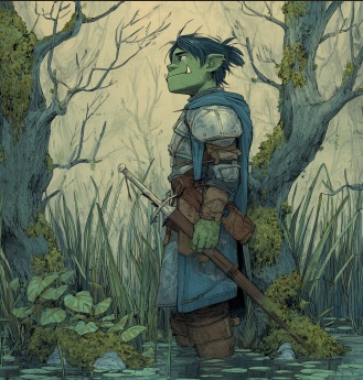 A young optimistic half-orc paladin in a swamp