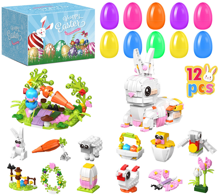 12 PCS Pre-filled Easter Eggs with Mini Building Block Toys - Creative Construction Figures (Bunny, Chick, Sheep) for Kids Egg Hunt, Party Favours & Basket Stuffers
