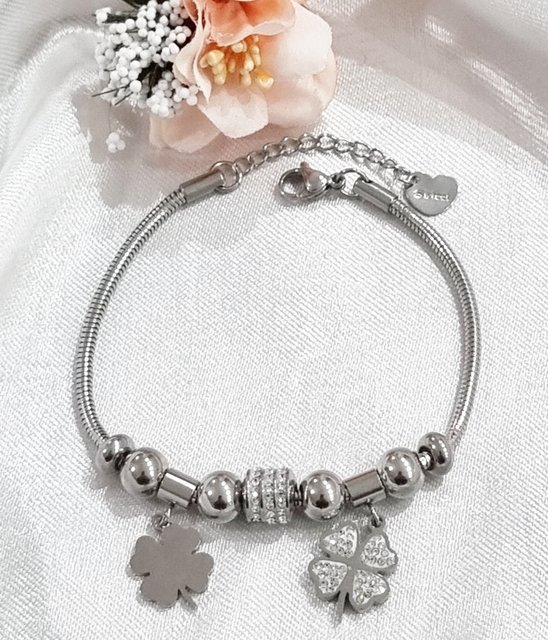 Bracciale Donna Con Ciondolo Quadrifoglio Portafortuna E Perla Sintetica - Acciaio Inox, Elegante, Catena Italiana, Chiusura A T, Regalo Ideale
