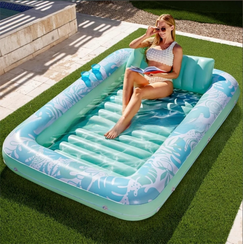 180x118CM Green Deluxe Inflatable Suntan Tub & Floating Pool Lounger with Dual Integrated Cup Holders and Pillow - Portable Sunbathing Pool for Lawn & Water