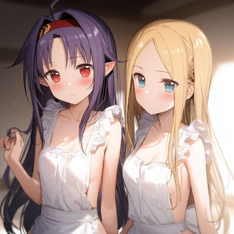 2girl, {{yuuki, sao}}, purple hair, red eyes, naked apron, {{abigail williams, f s-1870632563