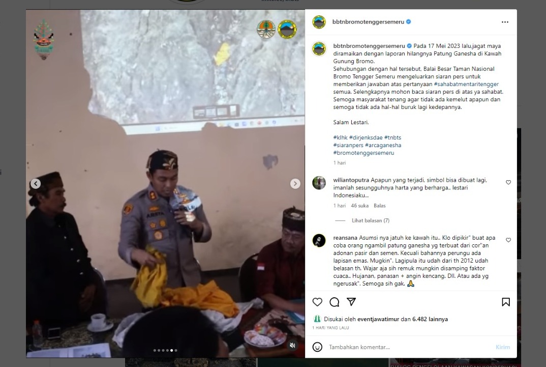 Polisi temukan barang bukti hilangnya patung Ganesha di Gunung Bromo beberapa waktu lalu.