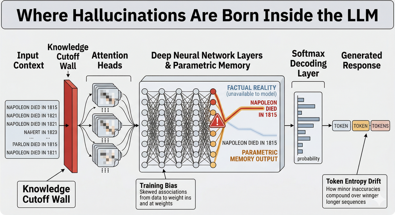 LLM hallucination root cause anatomy diagram showing token prediction failure zones