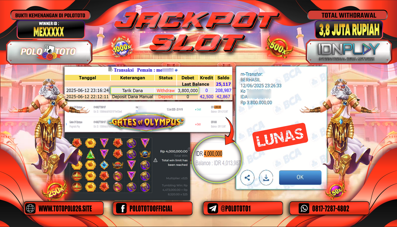 POLOTOTO JACKPOT SLOT GATES OF OLYMPUS Rp.3.800.000,-