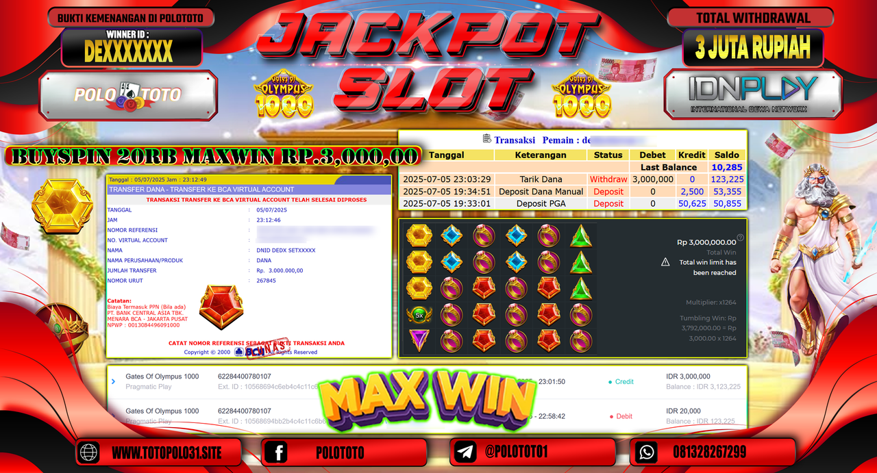 POLOTOTO JACKPOT SLOT GATES OF OLYMPUS 1000 Rp.3.000.000,-