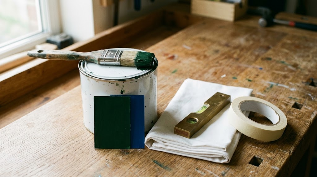 Paintbrush dipped in deep heritage colour resting on a tin, beside dust sheet, spirit level and sample cards — Home Style takes pride in preparation