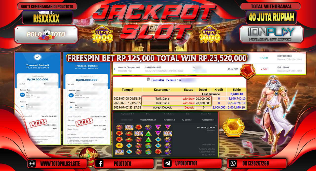 POLOTOTO JACKPOT SLOT GATES OF OLYMPUS 1000 Rp.40.000.000,-