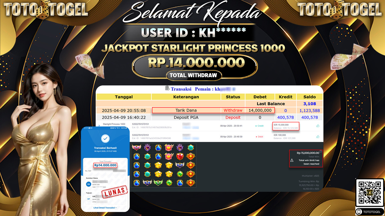 Bukti Pembayaran Jackpot  Permainan Slot Starlight Princess 1000 ID:KH****** LUNAS