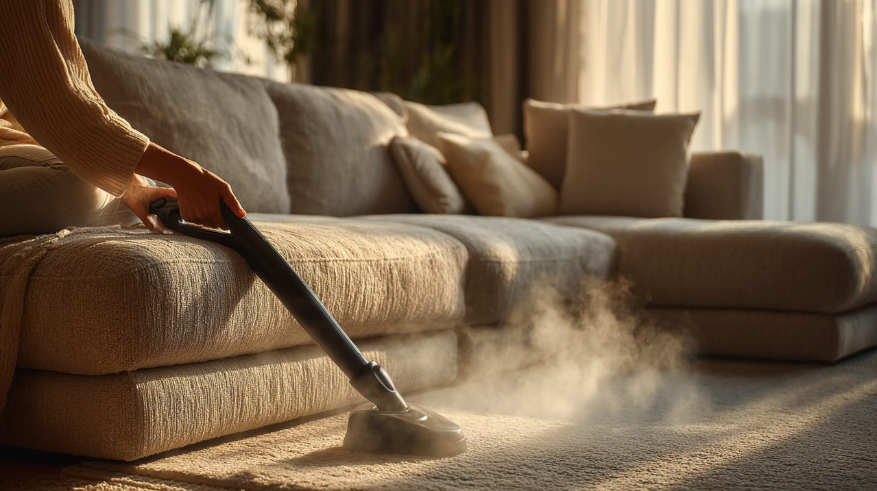 Использование пароочистителя для удаления пятен с обивки дивана