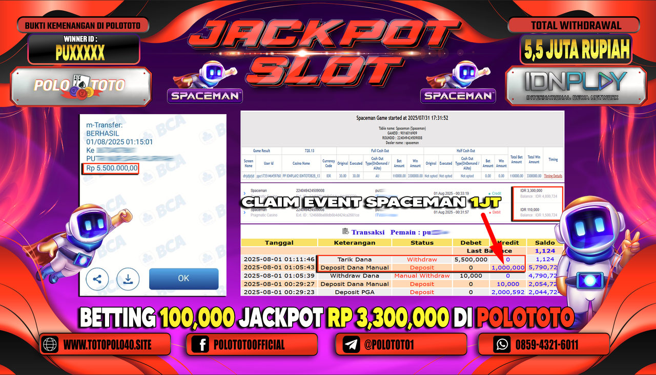 POLOTOTO JACKPOT SLOT SPACEMAN Rp.5.500.000,-LUNAS