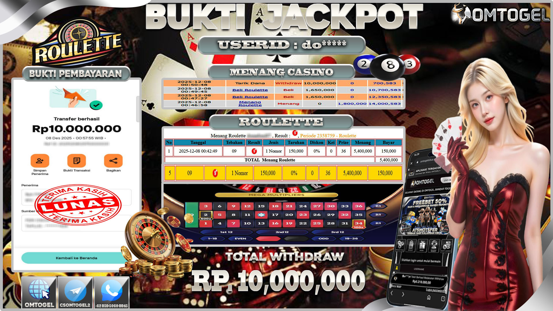 OMTOGEL JACKPOT CASINO LIVE ROULETTE  ,10 JUTA DI BAYAR LUNAS ,-