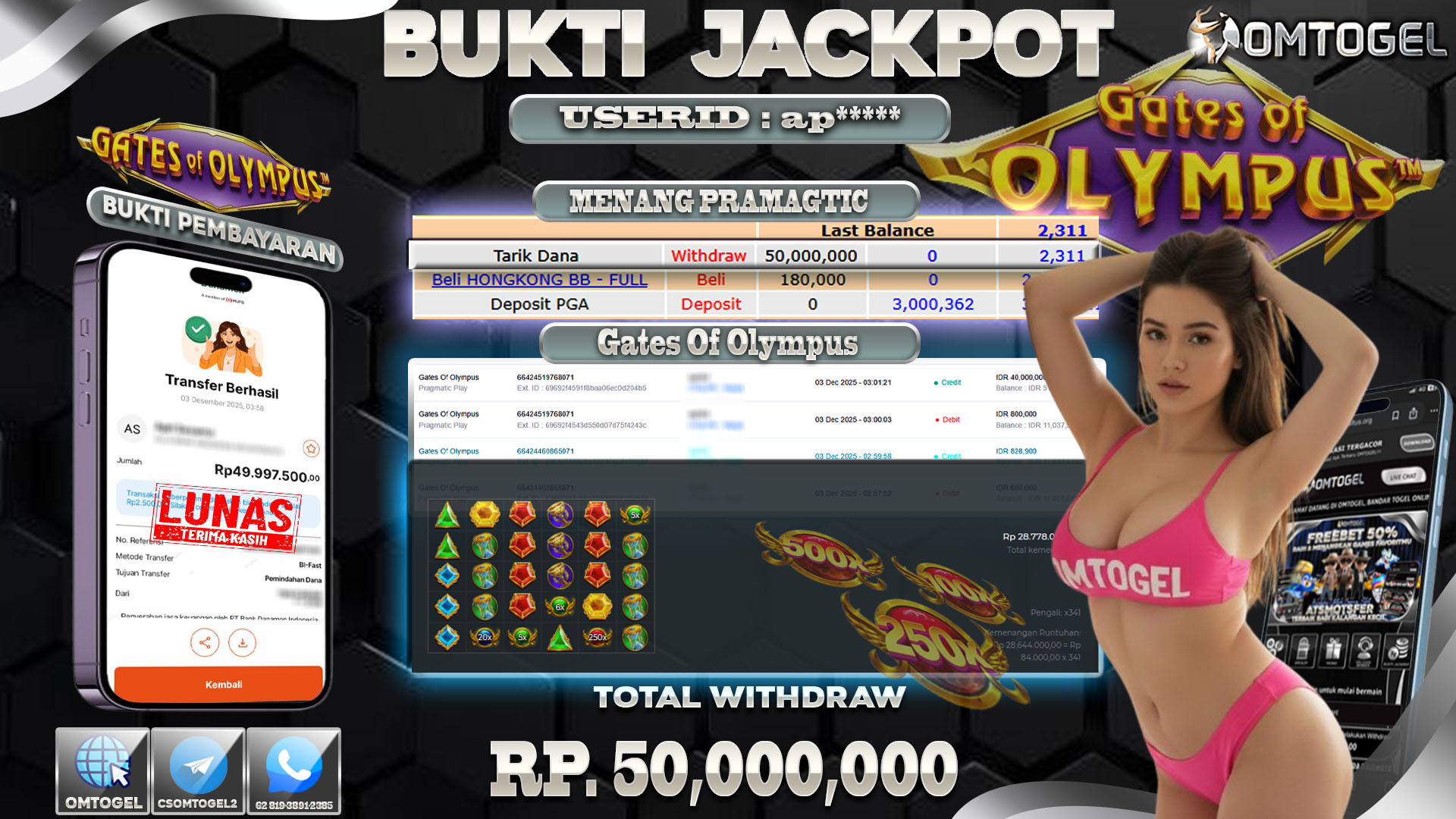 OMTOGEL JACKPOT PRAGMATIC PLAY GATES OF OLYMPUS 1000 , 50 JUTA DI BAYAR LUNAS ,-