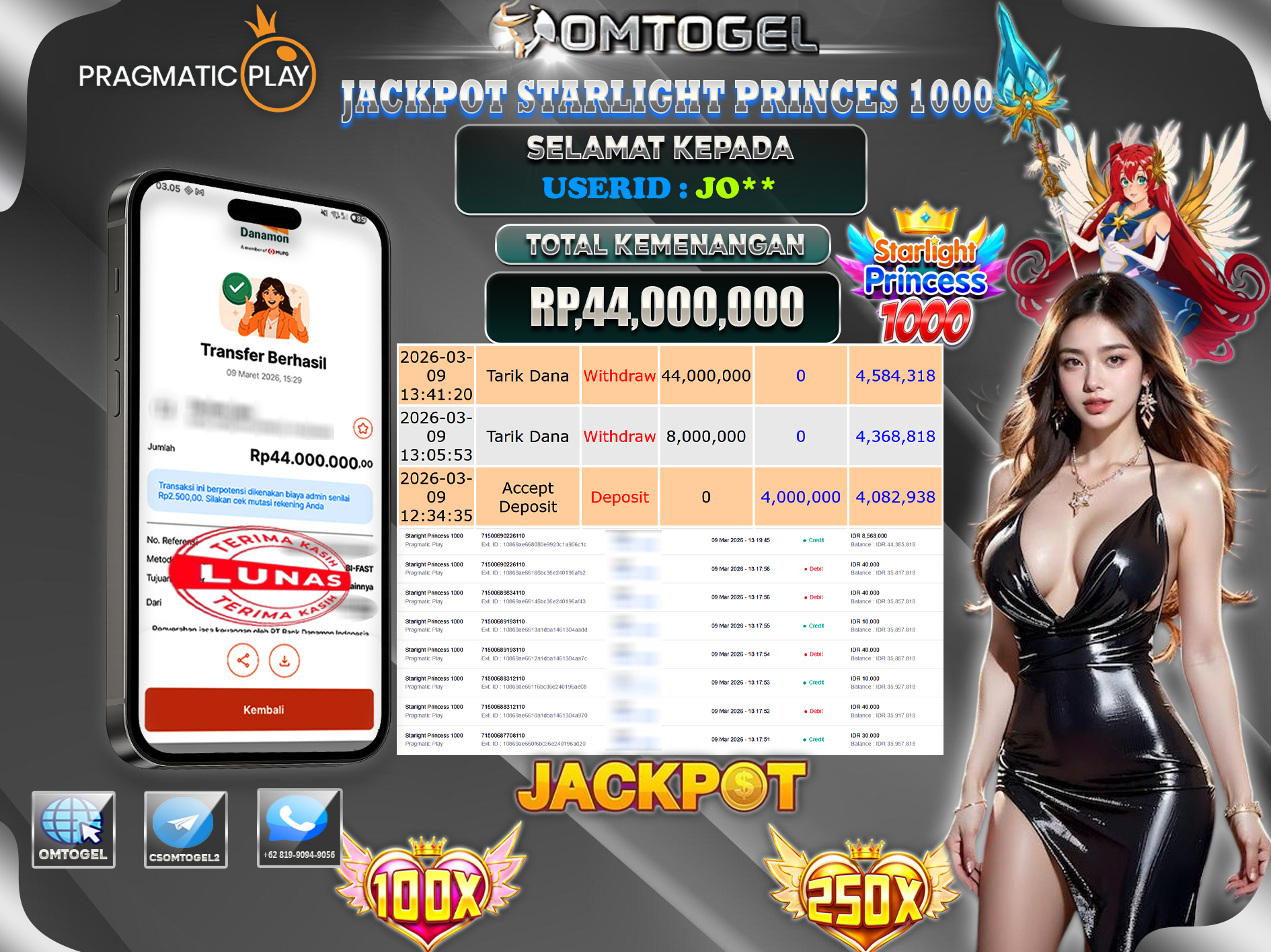 OMTOGEL JACKPOT PRAGMATIC PLAY STARLIGHT PRINCESS 1000, 44 JUTA DI BAYAR LUNAS ,-