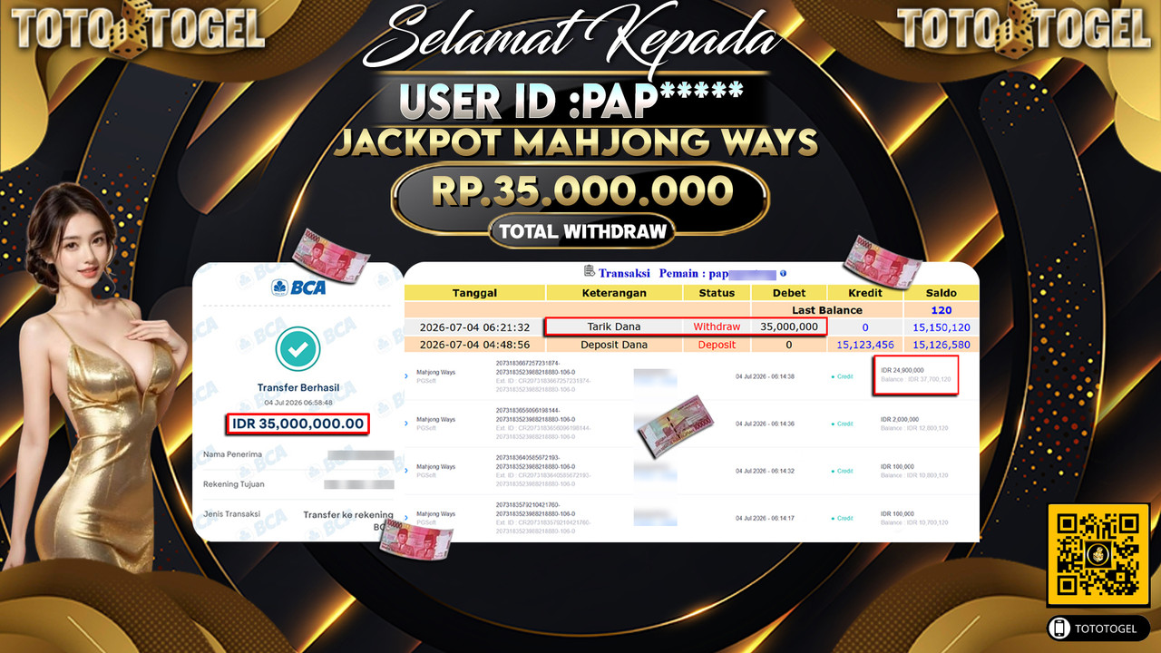 Bukti Pembayaran Jackpot Permainan Slot Mahjong Ways ID:PAP*****LUNAS