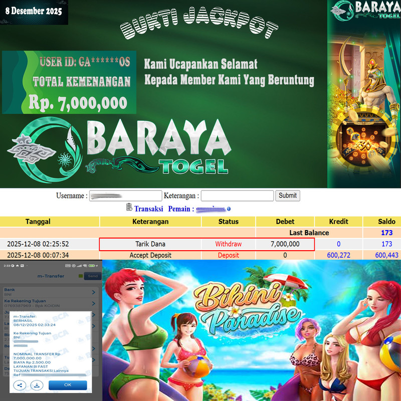 Rp. 7.000.000.- WD LUNAS DI BARAYATOGEL