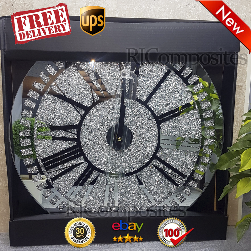 New Large 40cm Mirror Loose Crushed Diamante Jewelled Round Wall Clock